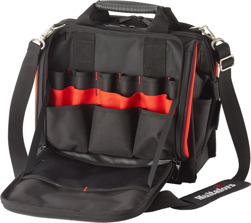 Hultafors Technician’s Tool Bag, with 48 pockets, straps and tool holders, including a robust clip for measuring tapes.