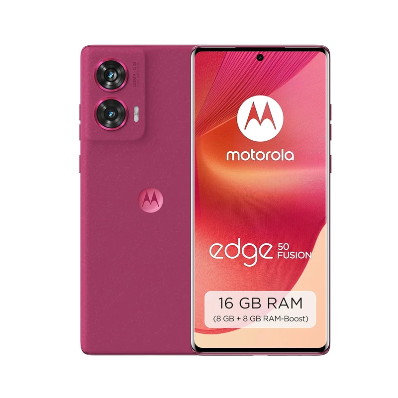 Motorola Moto Edge50 Fusion Smartphone (6,7''-FHD+-pOLED-Display, 50-MP-Kamera, 8/256 GB, 5000 mAh, inkl. 68W-Ladegerät, Android 14) Hot Pink, inkl. Schutzcover + Handyhalterung [Exklusiv bei Amazon]