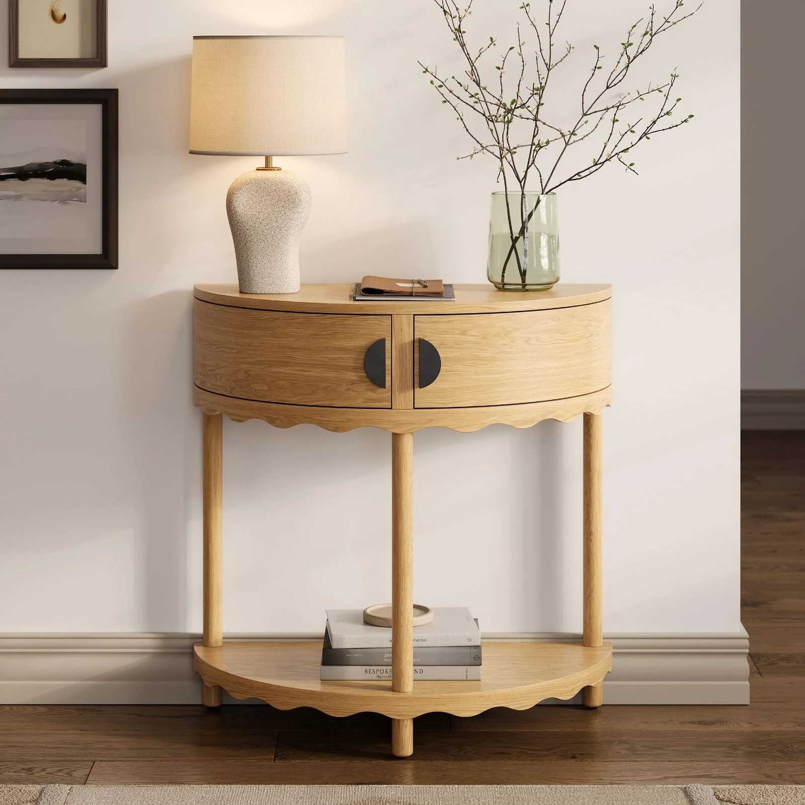 Stead Scalloped Skirt Half Moon Console Table - Natural Oak, Solid Wood - Semi Circle Console - Scalloped Edge Front Door Table - Slim Console for Narrow Entryway & Hallway