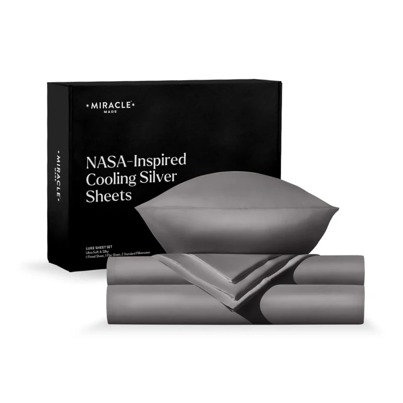 Miracle Made® Newly Improved Extra Luxe Cool IT™ True Grip ® Fitted Bed Sheets –Silver Grey,Queen– 4 Piece Silver Infused, 300-Thread-Count Eucalyptus Fabric