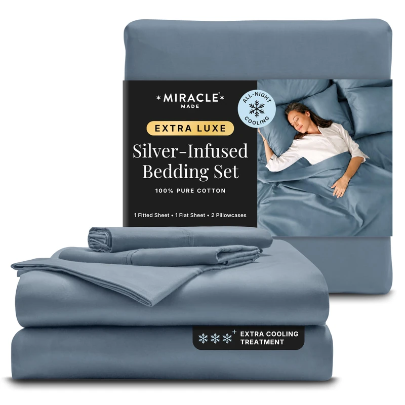 Miracle Made Extra Luxe Soft, Cool-to-the-Touch Cotton Bed Sheet Set, 4-Piece – Silver-Treated, Breathable, Lightweight Bedding – Queen Size, Slate Blue