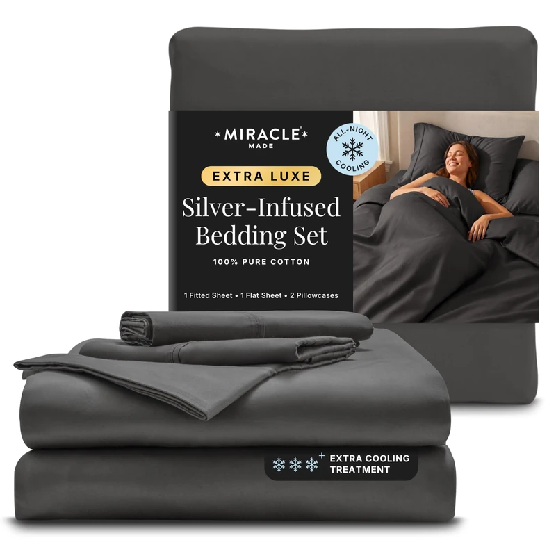 Miracle Made Extra Luxe Soft, Cool-to-the-Touch Cotton Bed Sheet Set, 4-Piece – Silver-Treated, Breathable, Lightweight Bedding – Full Size, Charcoal