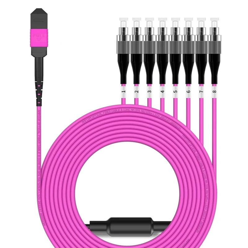 AMPCOM MPO to FC Breakout Cable 50/125μm Multimode OM4(8 Fiber, MPO to FC, Type B, LSZH/Riser, UPC, Magenta) 40m (131ft)
