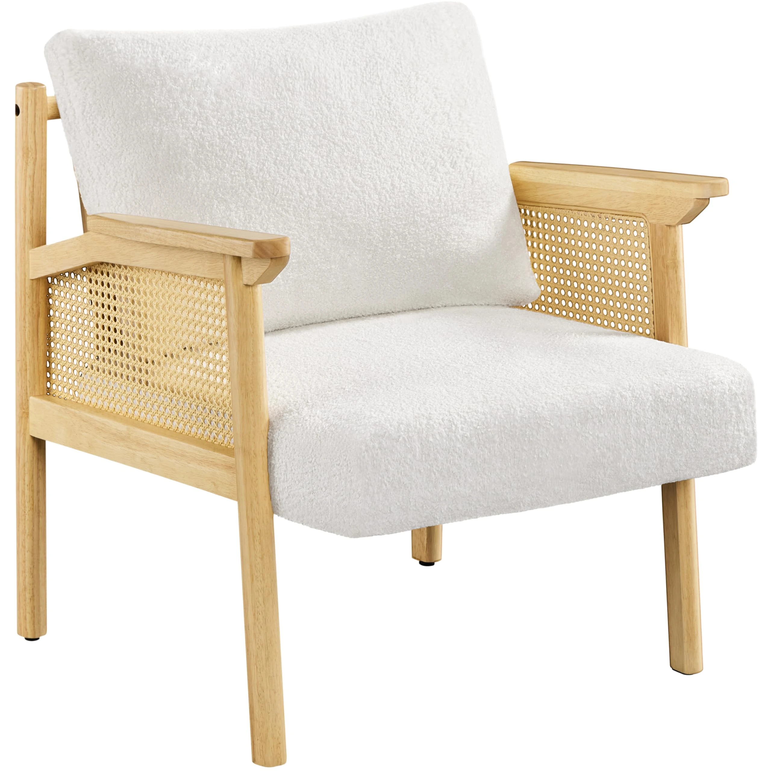 Yaheetech Accent Chair, Boucle Vanity Chair with Rattan Back&Arms Wood Armchair with Loose Back Pillow for Living Room Bedroom White