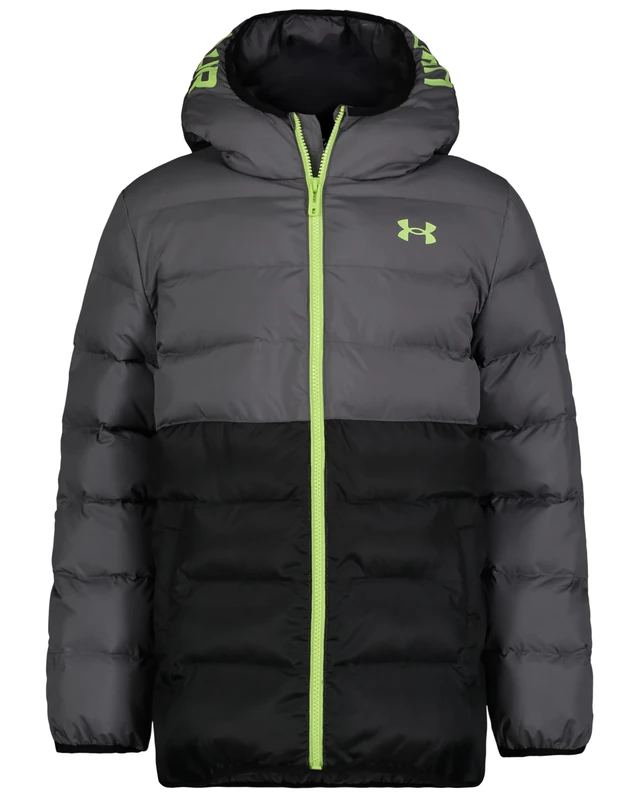 Under Armour Boys Water-Resistant Pronto Colourblock Puffer Jacket with UA Storm Technology – Lightweight Hooded Winter Coat with Snap Pockets, 12 Years to 13 Years, Castlerock