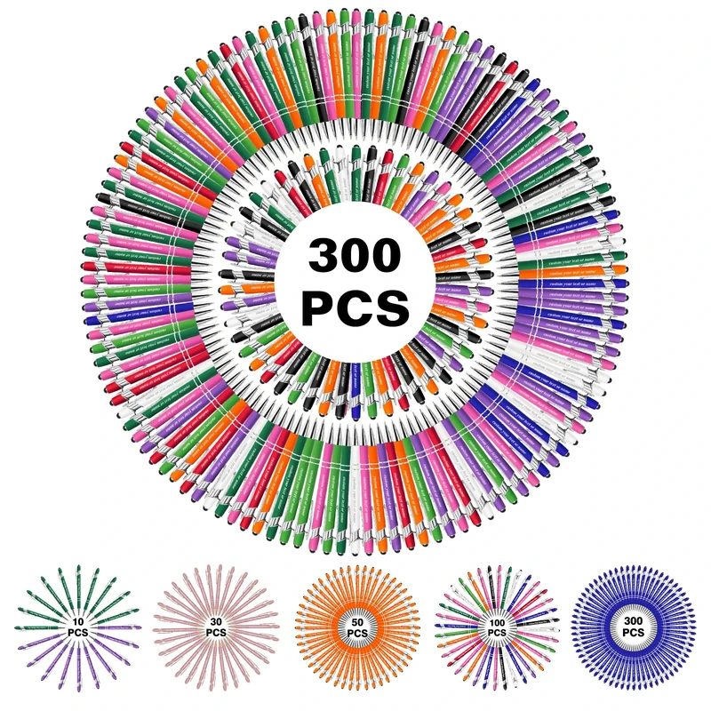 Personalised Pens Bulk Custom Pens with Logo Name 300 Pack Free Engraved Stylus Ballpoint Pens Customised Retractable Pen Message Text Gift for Men Women Black Ink Business Graduation Assorted