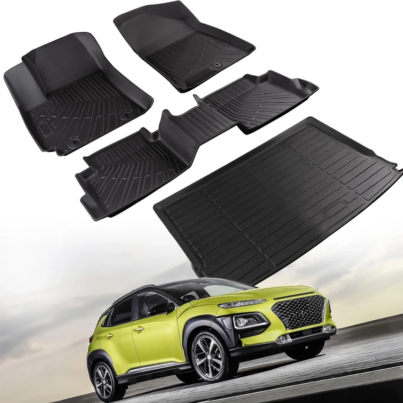 CreekT All Weather Floor mats & Trunk mat for Hyundai Kona 2024 Accessories.Waterproof TPE Rubber OEM car Floor mats & Cargo Liner Custom fit for Hyundai Kona Floor mats 2024 SE SEL N Line Limited