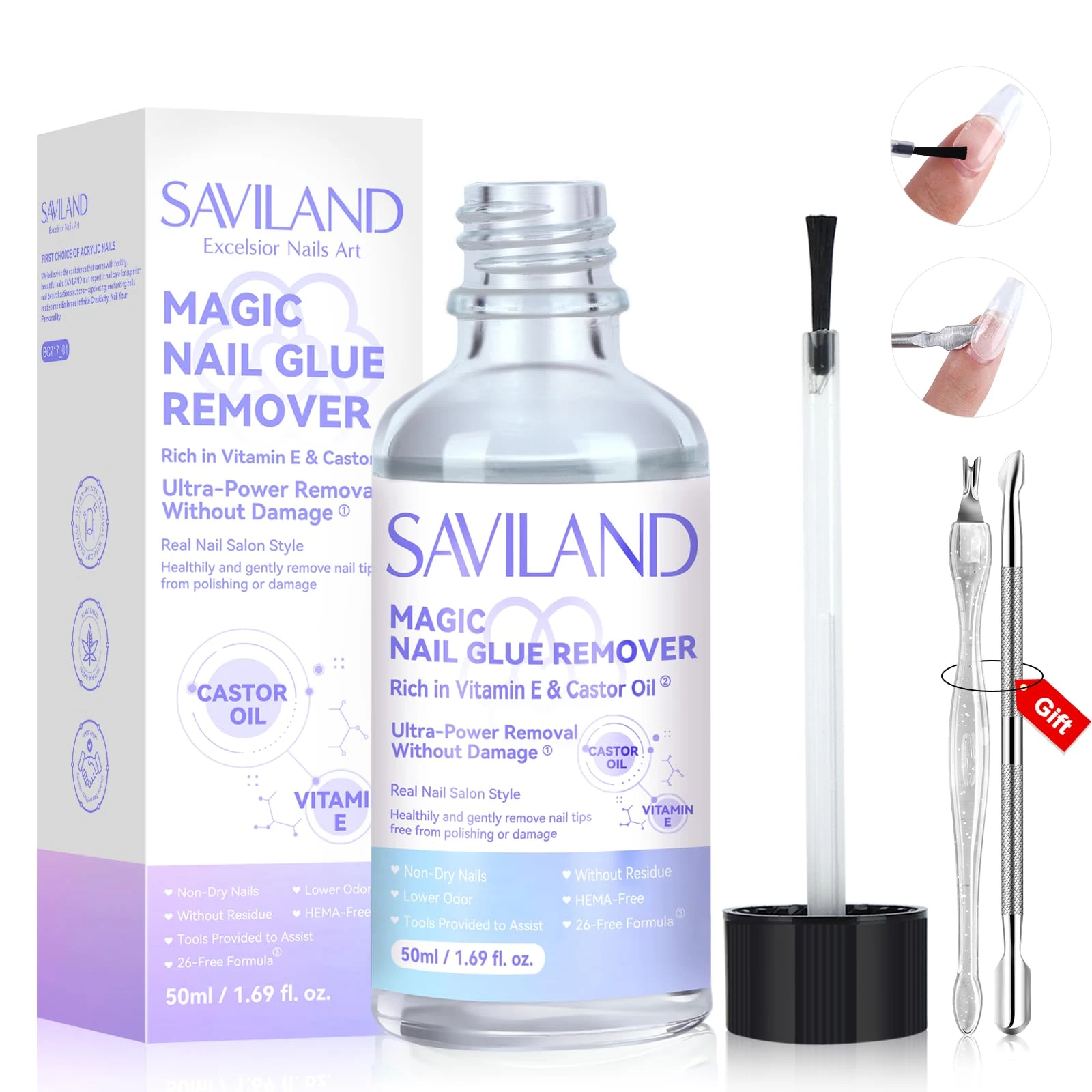 Saviland 50ML Nail Glue Remover: Large Capacity, False Nail Remover, Non-Acetone, Castor Oil, Vitamin E, Cuticle Pusher, Nail Fork Tools