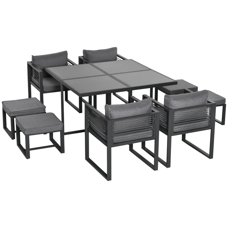 Outsunny 9 Pieces Garden Dining Set with Cushion, 8 Seater Garden Table and Chairs Cube Set with Glass Top Dining Table, 4 Chairs and 4 Footstools, Grey