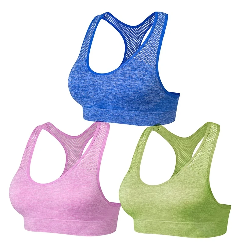 SEGRILA Women’s Sports Bra Padded Racerback Workout Yoga Bras with Mesh Straps,Green+Blue+Mulberry,S