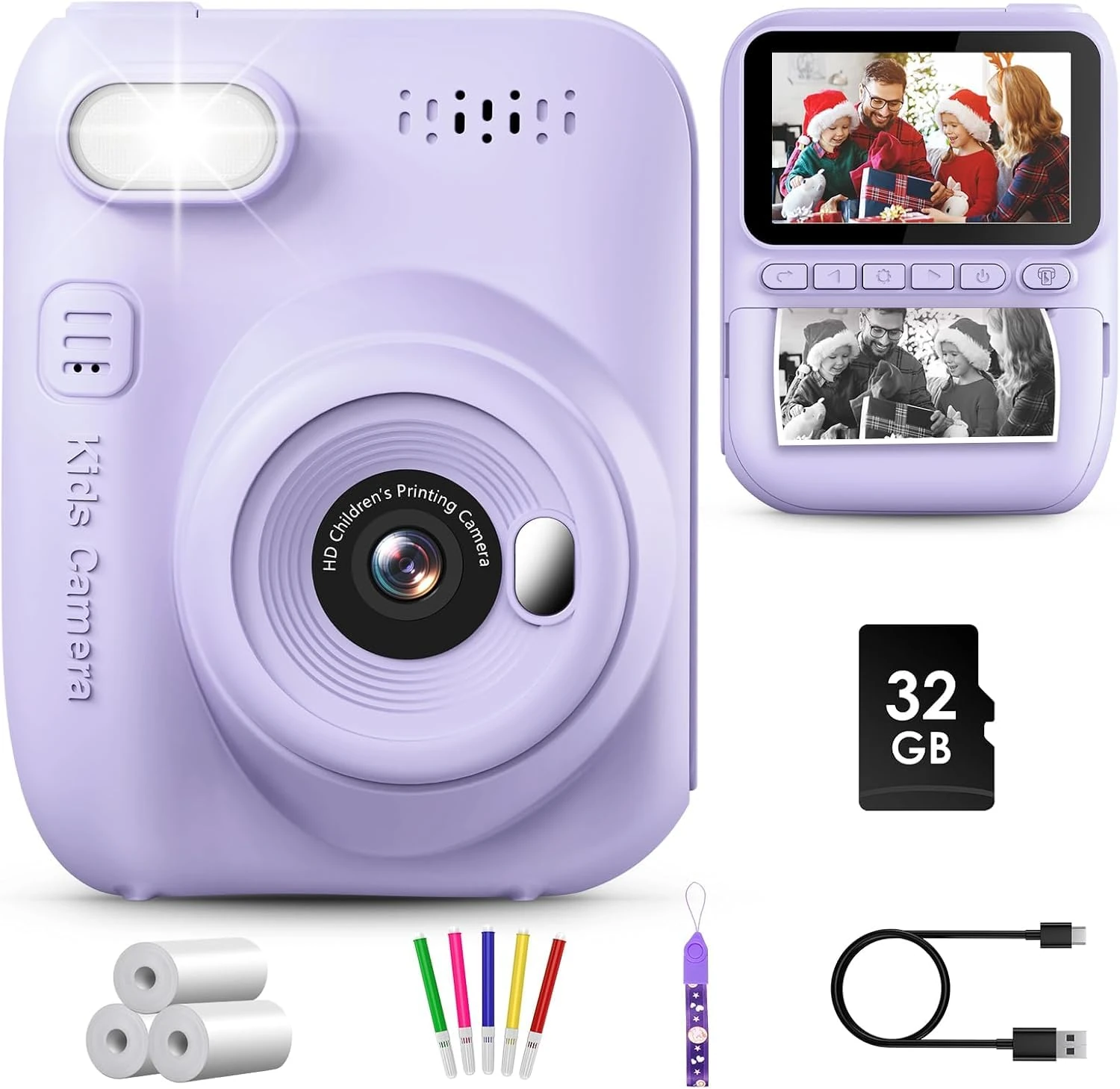 GREENKINDER Kids Camera Instant Print, 3.0'' Large Screen Instant Camera for Kids with 32GB Card & 3 Rolls Print Paper, 1080P Kids Selfie Digital, Gift Toy for Boys Girls 3-12 Years Old, Purple