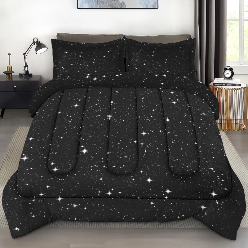 Pamnest Comforter Set Queen Size, Space Starry White Soft Bedding Set for Kids and Adults, Star Sky Black Comforter Set with 2 Pillowcases, for Bedroom Bed Decor