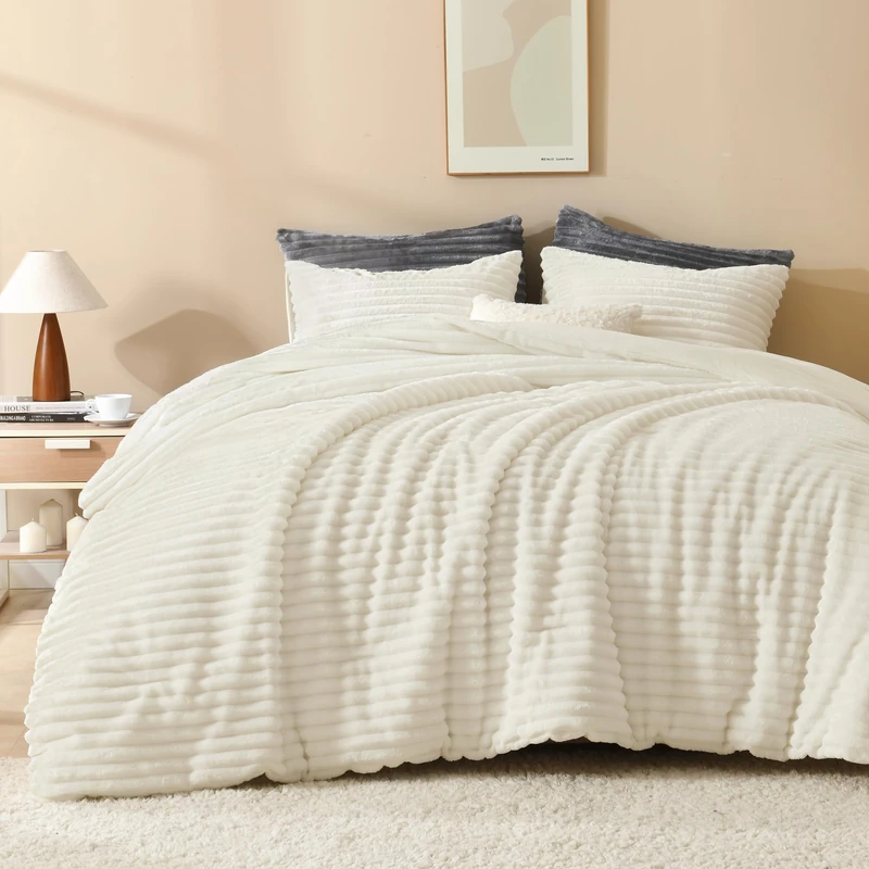 Andency Fluffy Queen Size Comforter Set, Cream Fleece Faux Fur Bedding Set