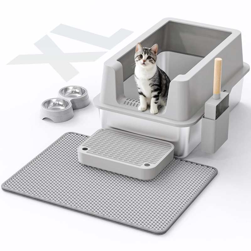Stainless Steel Cat Litter Box - Enclosed Litter Box with Lid XL Extra Large Metal Litter Box for Big Cats, High Sided Kitty Litter Box Anti-Leakage, Easy Cleaning, Non-Sticky, Included Spoon & Aisle