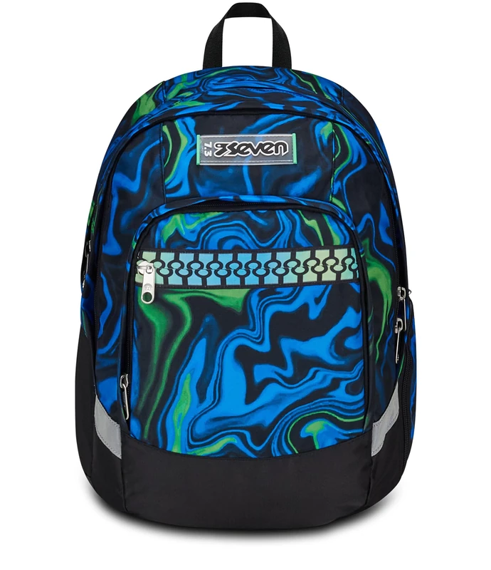 Seven Advanced Plus School Backpack, Blue, Uneven Lines, Double Compartment with Strap, Front Pocket with Organizer, Side Pocket in Mesh Water Bottle, School Backpack, College, Child, Boy