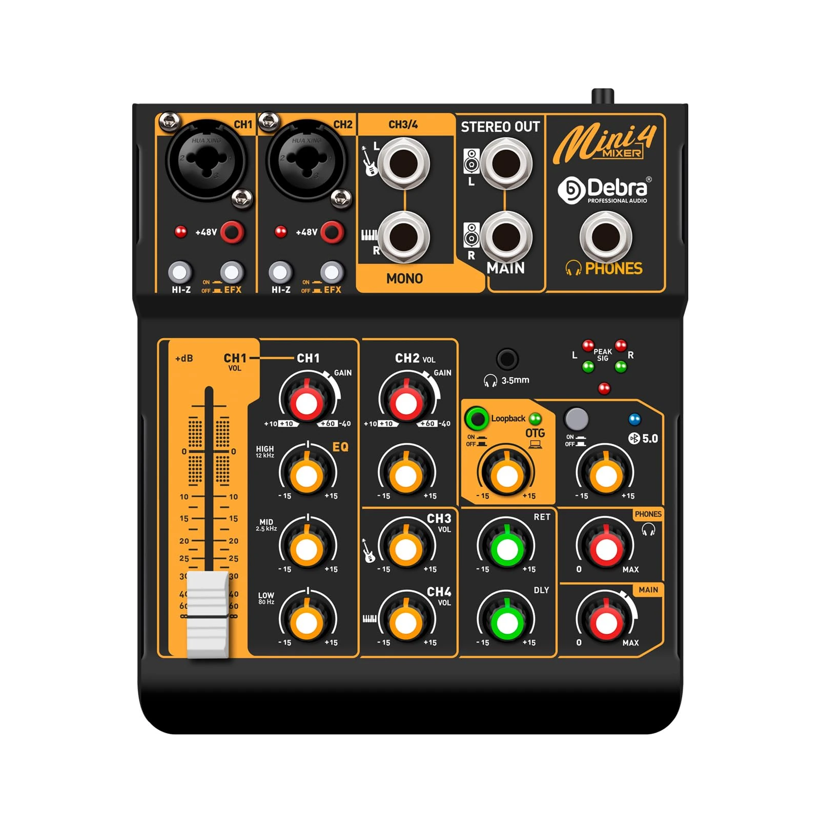 Audio Mixer Mini4 Professional, 4-Channel Mixer for Streaming, USB Audio Interface, Bluetooth, 48V Phantom Power, Ideal for Podcasting, Live Performance, Recording, DJ, PC (Mini4)