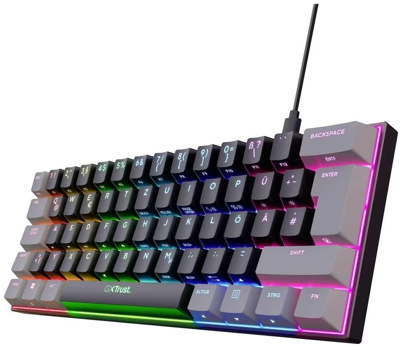 Trust Gaming GXT 867 Acira 60% Mechanical Keyboard German QWERTZ Layout, RGB Lighting, Double Keys, USB Mini Portable Programmable Small Gaming Keyboard 60% PC Laptop