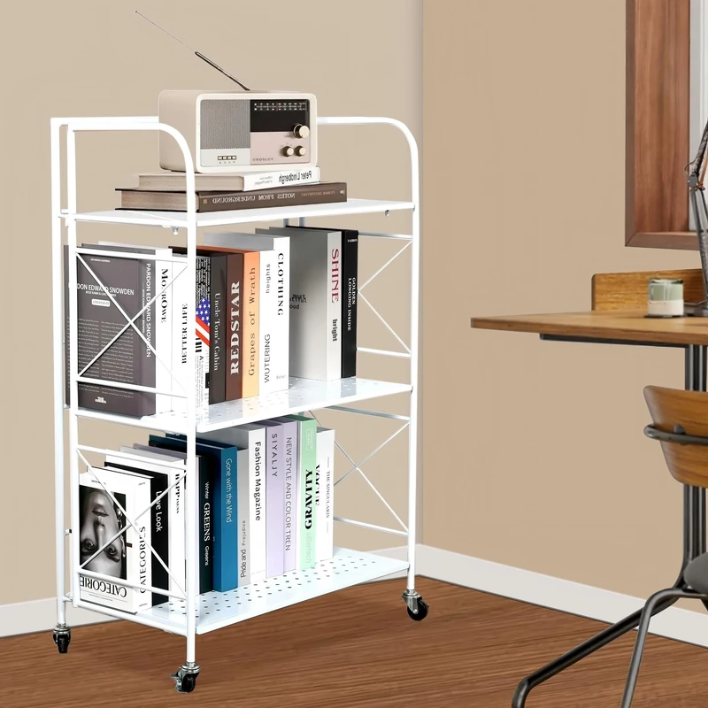 villertech Foldable 3-Tier Metal Shelf with Wheels - Folding Bookshelf Unit for Living Room, Kitchen, Study 12.6" D x 23.6" W x 33.8" H, Glossy White