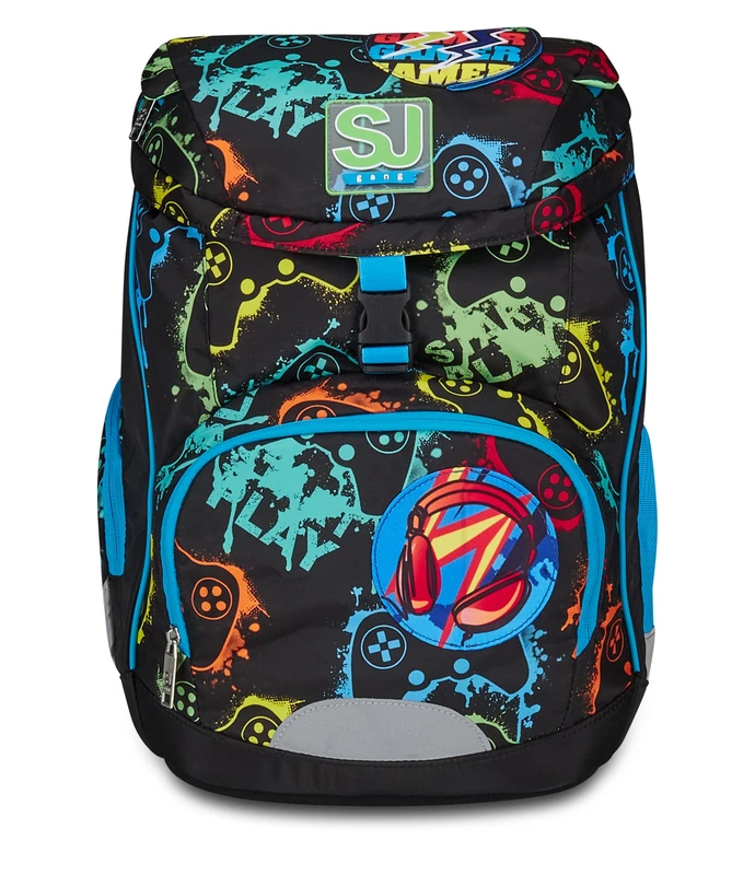 SJ Gang Soft Plus School Backpack, Black, Multicolour Game, Monoscompartment with Adjustable Waist Strap, Side Pocket with Zip, Mesh Pocket for Bottles, Elementary Schools, Medium, Child, Boy, Black,