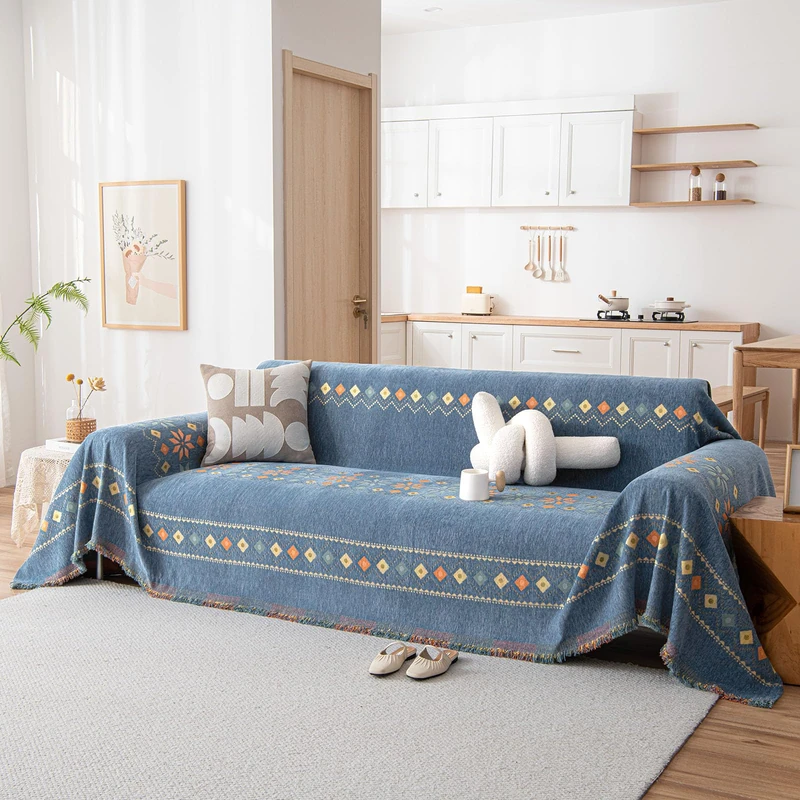 DREAMINGO Blue Boho Couch Cover Geometric Jacquard Sofa Covers for 2 Cushion Couch Loveseat Couch Cover for Pets Dogs Vintage Chenille Sofa Cover Blanket Furniture Protector Throw Slipcover,71"x118"