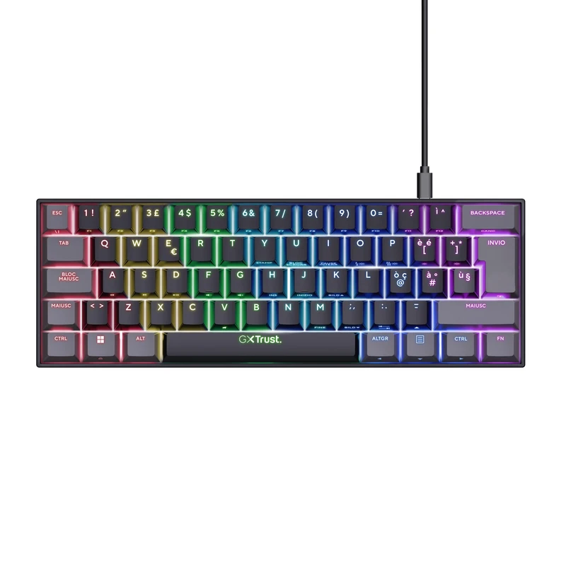 Trust Gaming GXT 867 Acira Mechanical Keyboard 60% Italian QWERTY Layout, Mini Backlit RGB Keyboard, Dual Function Keys, USB Programmable Gaming Keyboard PC Laptop – Black