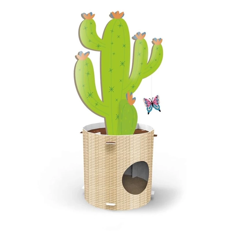 Record Cat Scratching Post for Cactus Cats – 4 in 1 Function – Cardboard Material with Catnip for the Wellbeing of the Cat – Dimensions: Diameter 35 x H 90 cm – Colour Havana