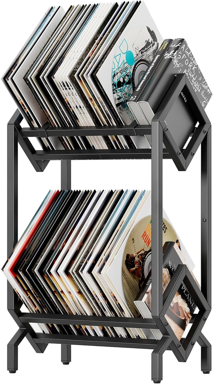 KEYSAFER Vinyl Record Storage Holder CD Rack 12 inches Album Holder Metal CD Display Stand Holds up to 160-200 LP, Book and Record Album Storage and Organizer,Easy to Assemble (Double)