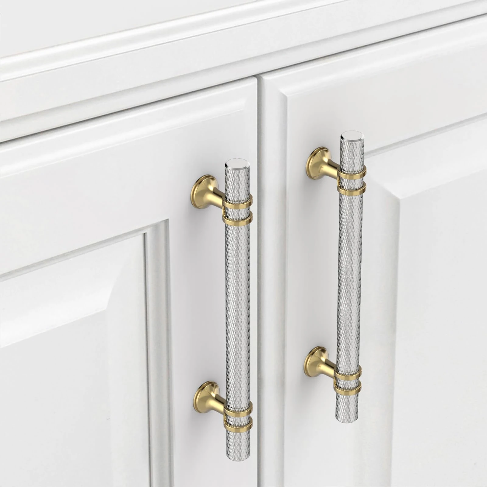 9BUILD 10 Pack Gold Brushed Satin Nickel Cabinet Pulls - 128MM Hole Center Kitchen Cupboard Handles - Knurled Cabinet Handles for Cupboard and Drawer - UK0049