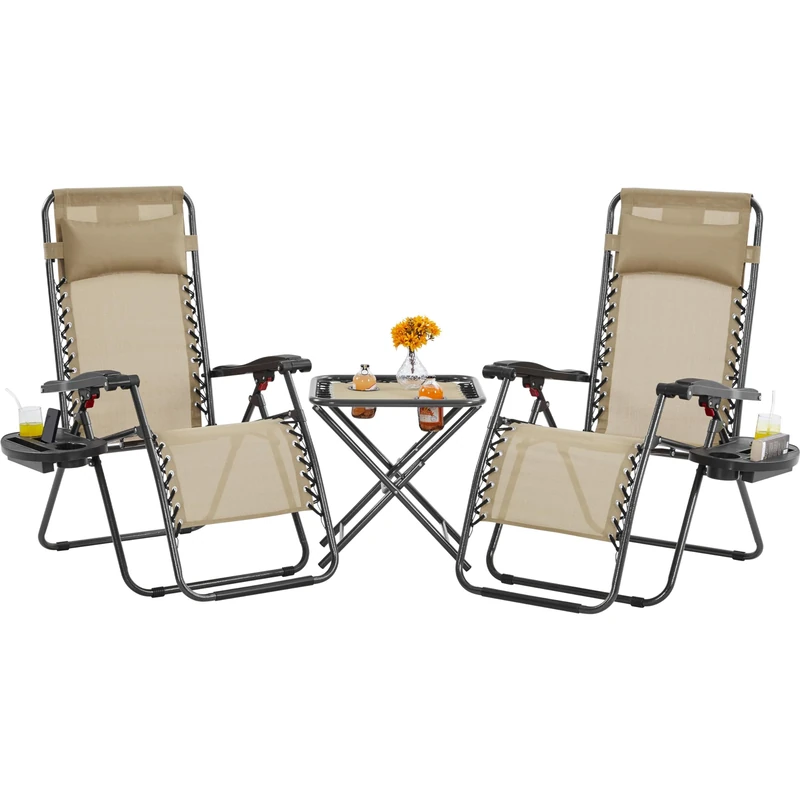 Yaheetech Sun Lounger Set of 3 Reclining Loungers and Table, Beige
