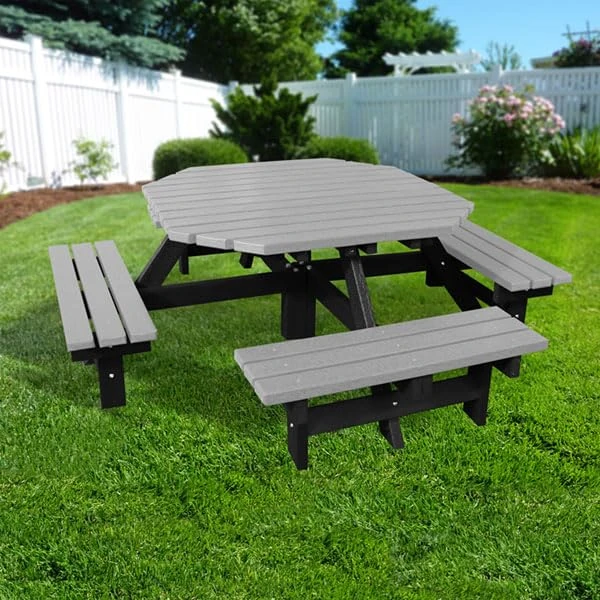 No Butts Octagonal 8 Seater Outdoor Picnic Table Recycled Plastic Furniture In Grey, Long Lasting Durable Child Friendly, Maintenance Free, Long Lasting