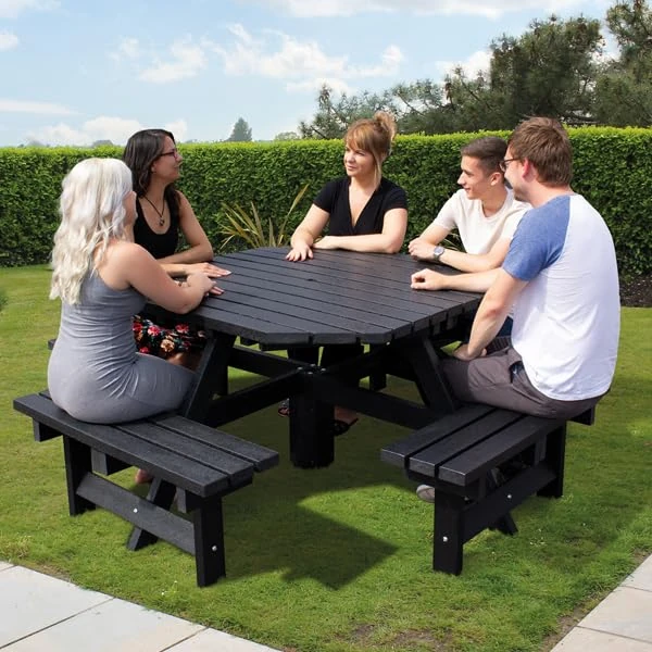 No Butts Octagonal 8 Seater Outdoor Picnic Table Recycled Plastic Furniture In Black, Long Lasting Durable Child Friendly, Maintenance Free, Long Lasting