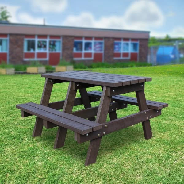 No Butts Junior 4 Seater Outdoor Picnic Table Recycled Plastic Furniture In Brown, Maintenance Free, Long Lasting Wood Grain Effect