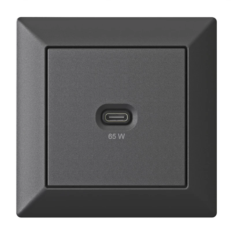 Built-in USB charging station with USB-C 65 watt charger with matte black frame