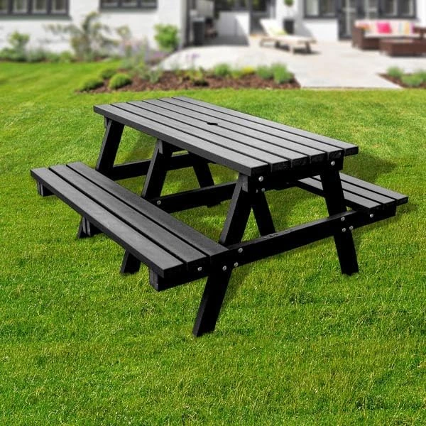 No Butts Recycled Plastic Furniture Long Lasting Standard Outdoor Picnic Table In Black, 4 Seater, Maintenance Free, Long Lasting Wood Grain Effect