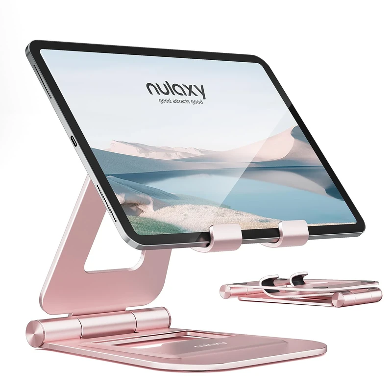 Nulaxy Dual Foldable Tablet Stand, Fully Adjustable Desktop Tablet Holder, iPad Accessories for Office Kindle Compatible with Mobile Devices iPad Pro/Mini, iPhone Pro/Max/Plus, Nexus, Rose Gold
