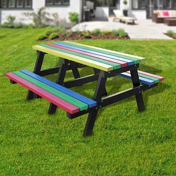 No Butts 4 Seater Outdoor Picnic Table Recycled Plastic Furniture In Multi-Colour, Maintenance Free, Long Lasting Wood Grain Effect