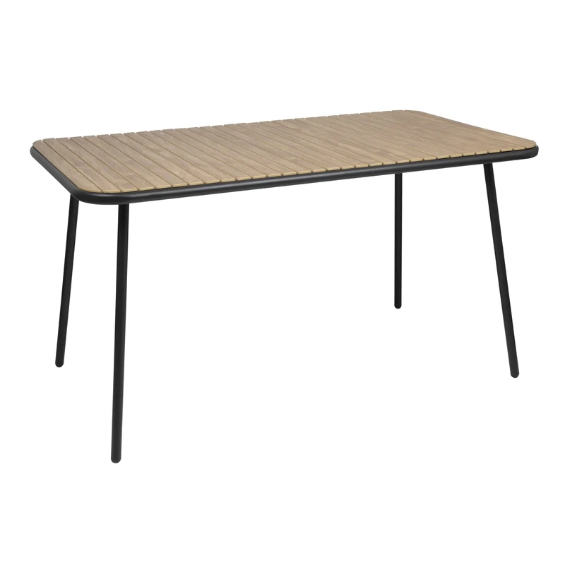 Bolero Santorini Rectangular Table with Wood Effect Top 1400 mm, Black Powder-Coated Steel Frame & UV Resistant Plywood Top, Size: 755(H) x1400(W) x798(D) mm, Indoor & Outdoor Use, FU536