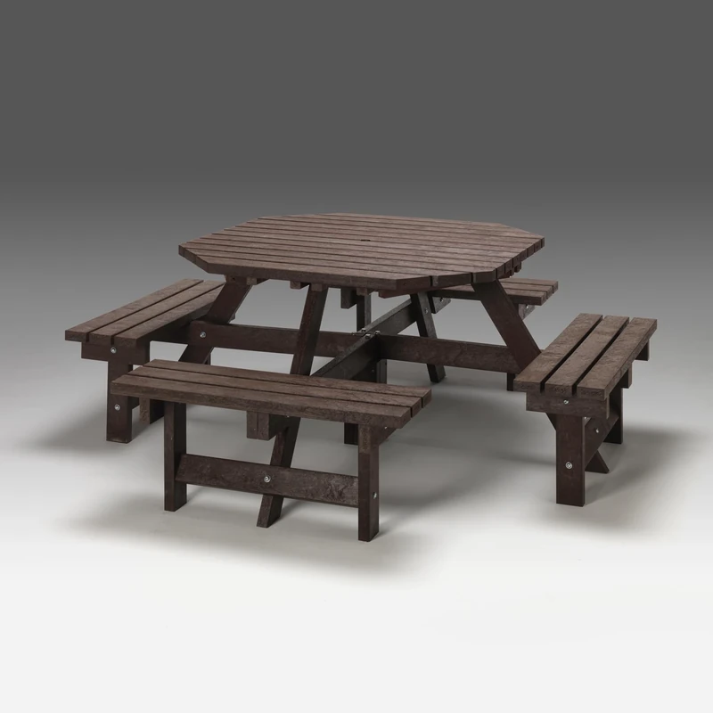 No Butts Octagonal 8 Seater Outdoor Picnic Table Recycled Plastic Furniture In Brown, Long Lasting Durable Child Friendly, Maintenance Free, Long Lasting