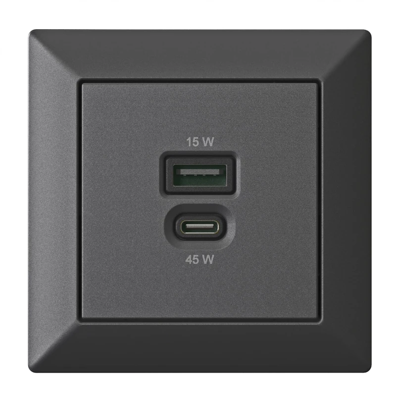 Flush-Mounted USB Charging Station with USB-C 45 Watt + USB-A 15 Watt Charger with Frame Matte Black