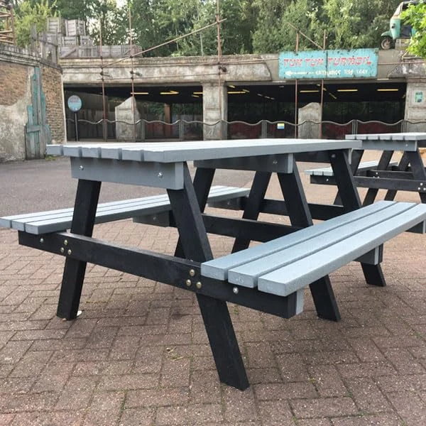 No Butts Recycled Plastic Picnic Bench Furniture Long Lasting Standard Outdoor Picnic Table In Grey, 4 Seater, Maintenance Free, Long Lasting Wood Grain Effect