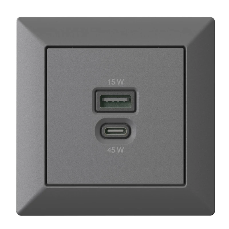 Flush-Mounted USB Charging Station with USB-C 45 Watt + USB-A 15 Watt Charger with Frame Anthracite