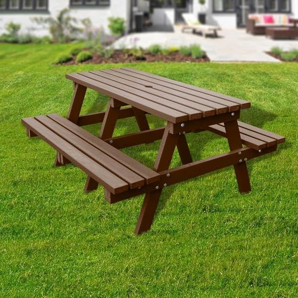 No Butts Recycled Plastic Furniture Large 6 Seater Outdoor Picnic Table In Brown, 6 Seater, Maintenance Free, Long Lasting Wood Grain Effect, Long Lasting