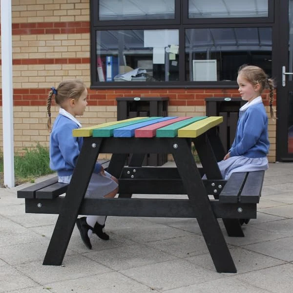 No Butts Junior 4 Seater Outdoor Picnic Table Recycled Plastic Furniture In Multi Colour, Maintenance Free, Long Lasting Wood Grain Effect