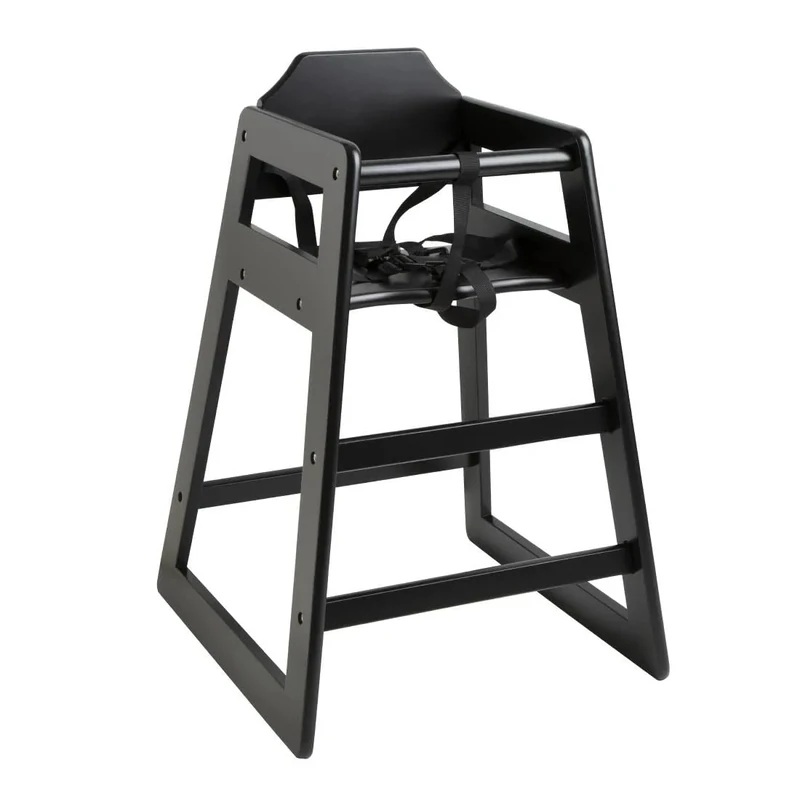 Bolero Wooden High Chair for Children up to 36 Months, Black, Rubber Wood, Capacity: up to 15 kg, Adjustable Waist Strap, Size: 750x510x510 mm, Stackable, Easy Self-Assembly Required, CJ588