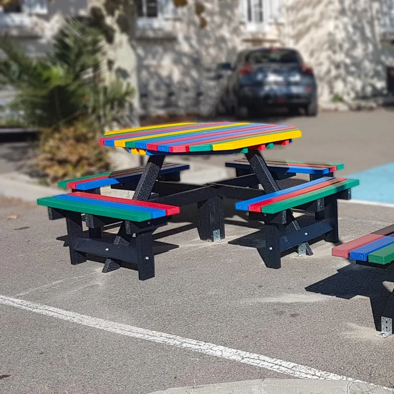 No Butts Octagonal 8 Seater Outdoor Picnic Table Recycled Plastic Furniture In Multi Colour, Long Lasting Durable Child Friendly, Maintenance Free, Long Lasting