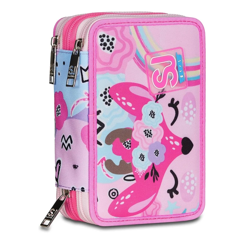 SJ Gang PinkHugs 3 Zip School Pencil Case, Pink, Triple Compartment Pen Holder Complete with Pens, Pencils, Colours, Backpack Accessories, Elementary, Medium, Girl, Green, Taglia Unica, Modern