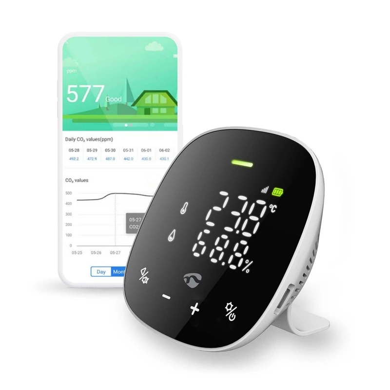 Nedis Smart Air Quality Monitor, Wi-Fi CO₂ Sensor with LED Display, Temperature & Humidity Alerts, App-Controlled, Audible & Visual Alarms, NDIR Sensor, Rechargeable Backup Battery - Black/White - Image 1