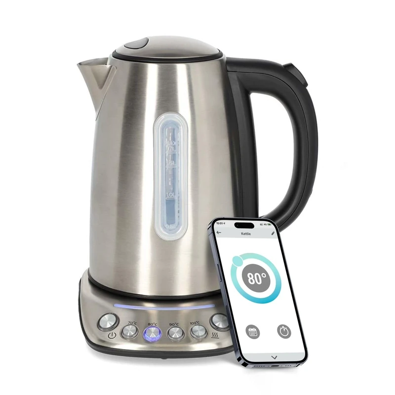 Nedis Smart Wi-Fi Kettle, 1.7L Stainless Steel, Variable Temperature 70-100°C, 2200W, App& Voice Control, Compatible with Alexa & Google