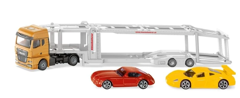 Siku 3944 Man Car Transporter, 1:50, Includes 2 Toy Cars, Metal/Plastic, Orange/Silver, Detachable Trailer, Lowerable Platform