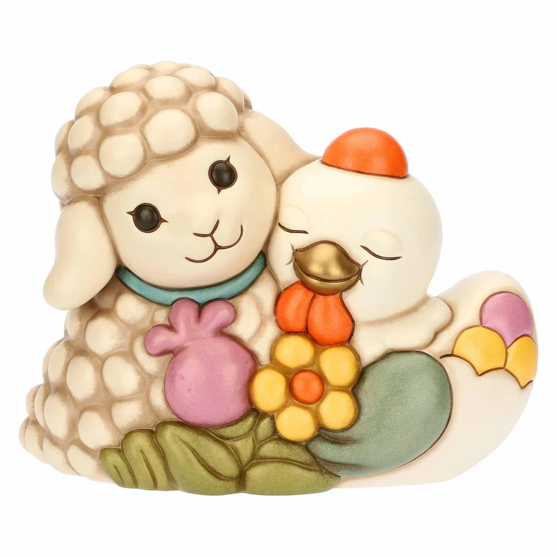 THUN, Pair of Nelly Lamb and Esther Hen in Hand-Decorated Ceramic, Range of Easter Surprises, 29 x 15.5 x 23 cm h